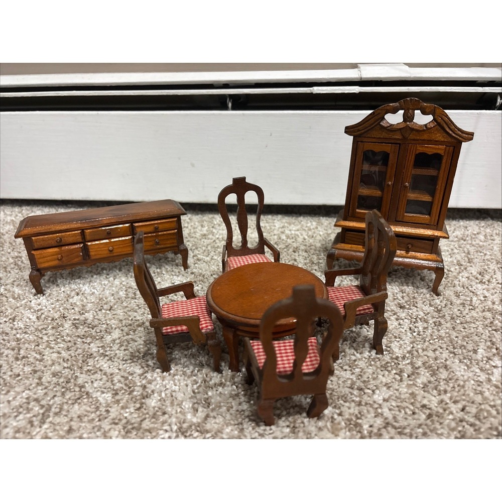 Vintage Dollhouse Furniture Dining Room Set 7 Pc Dark Wood